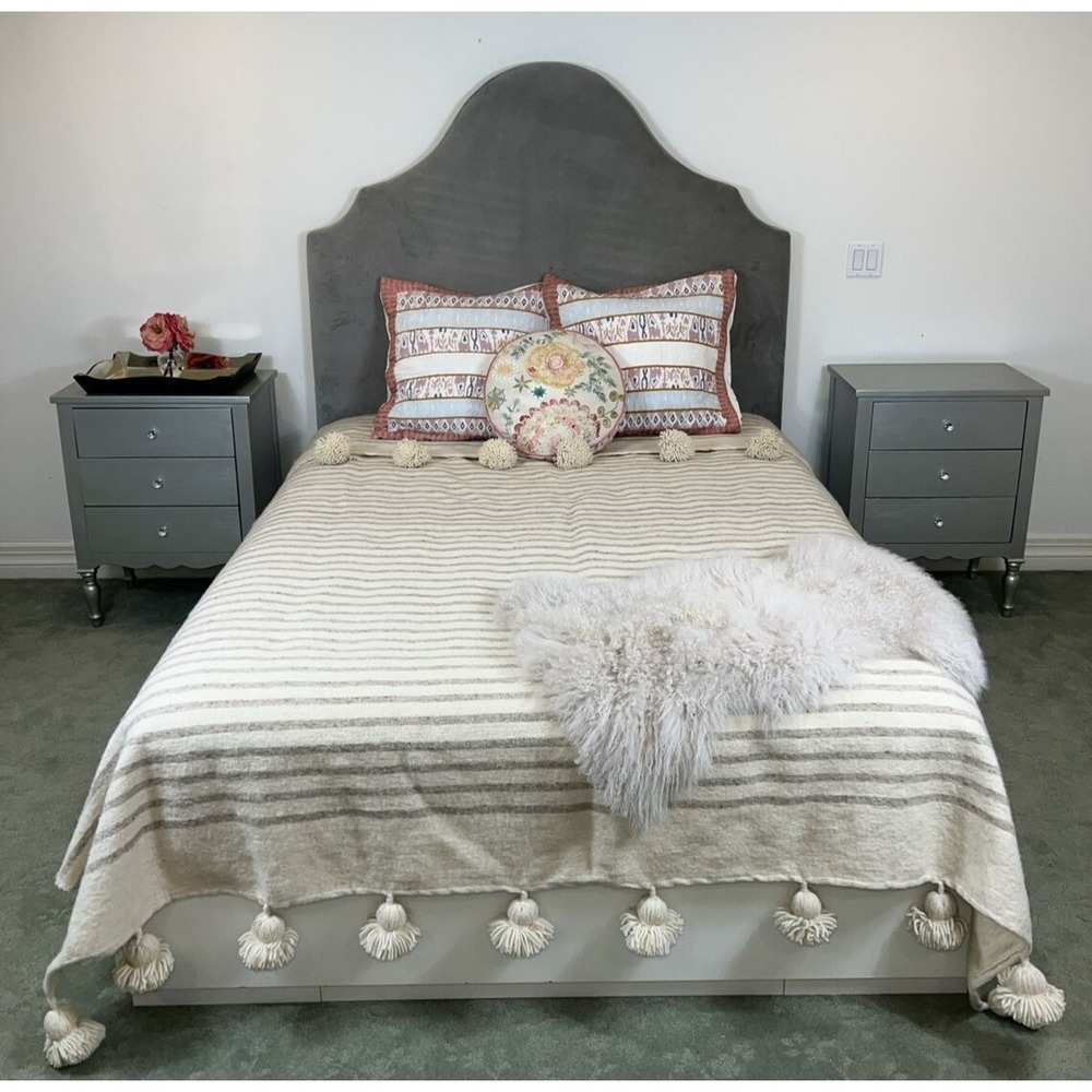 Moroccan POM POM Blanket Cream & Beige Stripe Bed Cover 112" x 92" WALL TAPESTRY